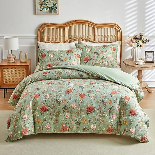 EAVD Vintage Garden Floral Comforter Set Queen Green Soft Microfiber Chic Vibrant Floral Bedding Comforter Set 1 Queen Bed Comforter and 2 Pillowcases Fresh Botanical Comforter Set for All-Season
