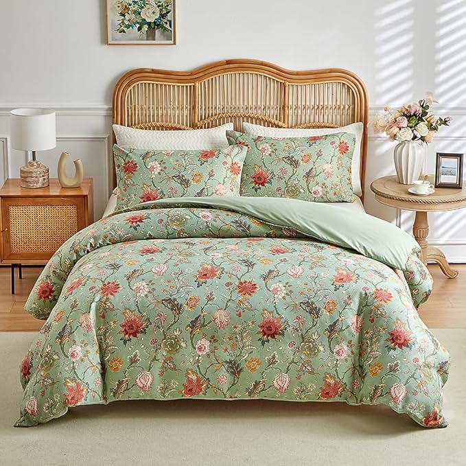 EAVD Vintage Garden Floral Comforter Set Full Green Soft Microfiber Chic Vibrant Floral Bedding Comforter Set 1 Full Bed Comforter and 2 Pillowcases Fresh Botanical Comforter Set for All-Season