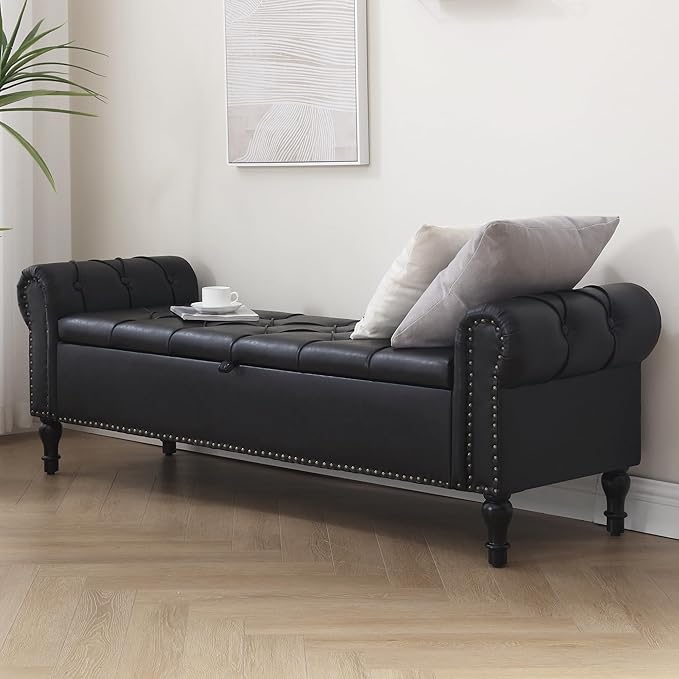Leather Storage Bench 67 Inch Upholstered Tufted Ottoman Bench with Arms King Size End of Bed Bench for Bedroom Living Room Entryway Black