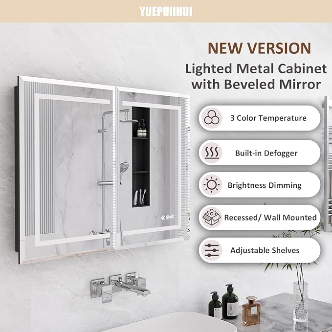 36X30 Inch Black Lighted Medicine Cabinet with Mirror, Recessed or Wall Mounted Bathroom Medicine Cabinet Mirror with Adjustable Frontlit & Brightness, LED Mirror Cabinet with Double Door