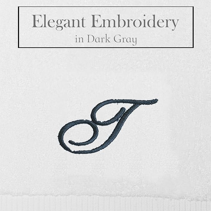 White Monogrammed Hand Towels for Bathroom - Luxury Hotel Quality Personalized Initial Embroidered Towel for Powder Room, Spa - GOTS Organic Certified - Set of 2 Dark Gray Letter T