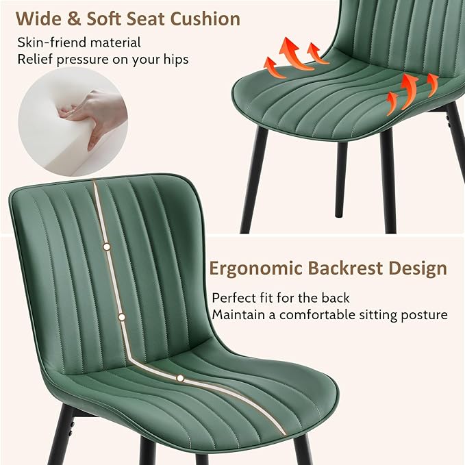 Modern Dining Chairs Set, Heavy Duty Upholstered Side Chairs with Faux Leather, Comfortable Cushions & Durable Metal Legs with Adjustable Feet, Perfect for Kitchen, Dining Room (Green, Set of 4)