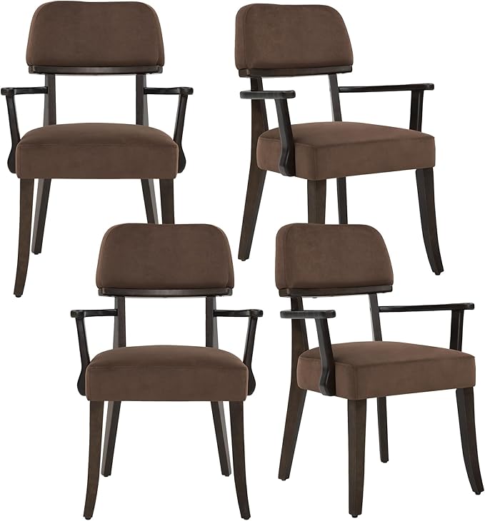 Modern Wood Dining Chairs with Arms Set of 4, Velvet Upholstered Kitchen Chairs with Open Curved Backrest & Black Hardwood Legs, Accent Chairs 350 LBS Capacity, Brown