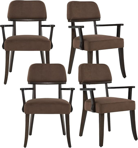 Modern Wood Dining Chairs with Arms Set of 4, Velvet Upholstered Kitchen Chairs with Open Curved Backrest & Black Hardwood Legs, Accent Chairs 350 LBS Capacity, Brown