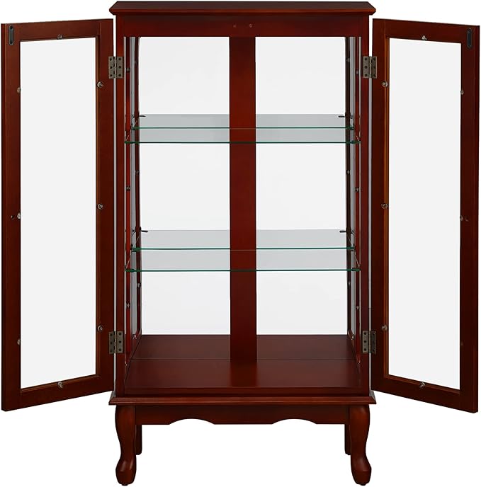 Goujxcy Lighted Curio Cabinet, Modern Floor Standing Glass Curio Cabinet Display Case Cabinet with Adjustable Shelves, Mirrored Back Panel and Tempered Glass Doors for Home/Office (Cherry)