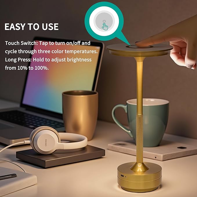 Gold Brushed LED Desk Lamp with Touch Control, 3 Color Modes, Dimmable, Built-in 5200mAh Battery, Eye-Friendly Flicker-Free Lighting, USB Type-C, Non-Slip Base