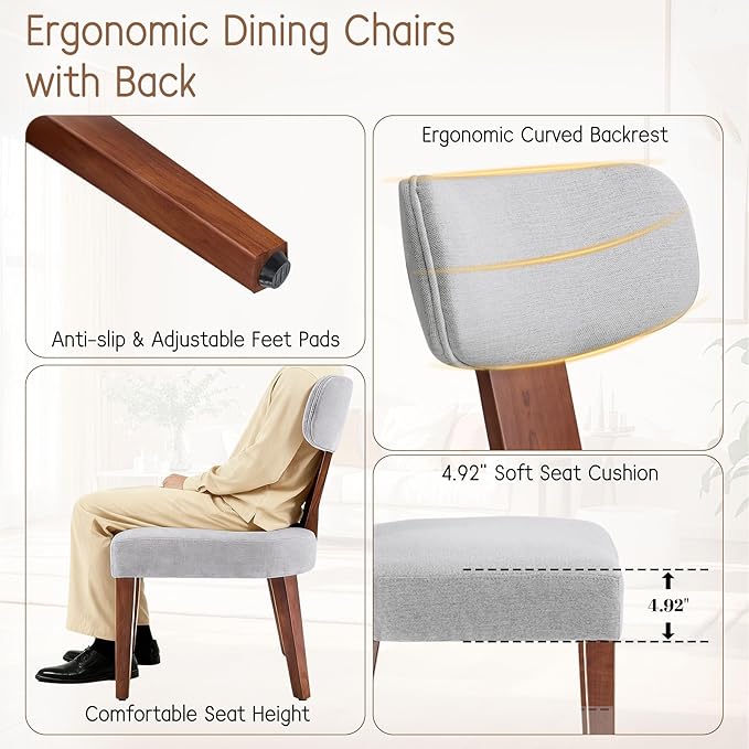 Dining Chairs, Mid-Century Modern Upholstered Kitchen Chairs with Curved Backrest and Linen Fabric Seat, Wood Leg Accent Chairs for Dining Room, Living Room, Bedroom, Grey