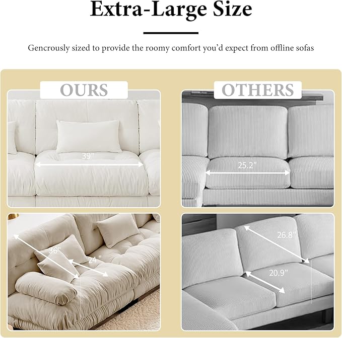 173.2" Oversized Couch, 4 Seater Modular Sectional Sofa, Beige Sectional Fluffy Chenille Cloud Couch Set with 6 Pillows, Deep Seat Sofas for Living Room