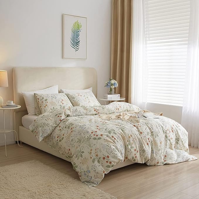 Vintage Style Floral Duvet Cover Queen Soft 100% Cotton Botanical Flower Bedding Set Aesthetic Floral Comforter Cover for Girls Women Chic Vintage Flower Cottagecore Duvet Cover with Zipper Closure