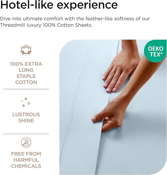 Threadmill 100% Cotton Sheets for Full Size Bed - 600 Thread Count Full Bed Sheets Set with 16” Deep Pocket - Sateen Weave 4-Piece Bedding Set with Cooling Effect, Blue