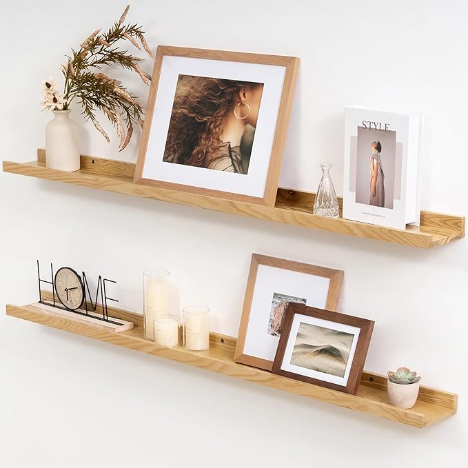 Solid Ash Wood Picture Ledge Shelf, 36 Inch Floating Shelves with Lip Set of 2, Photo Ledge Shelf Nursery Bookshelf Wall Mounted for Living Room Bedroom Decor, Natural