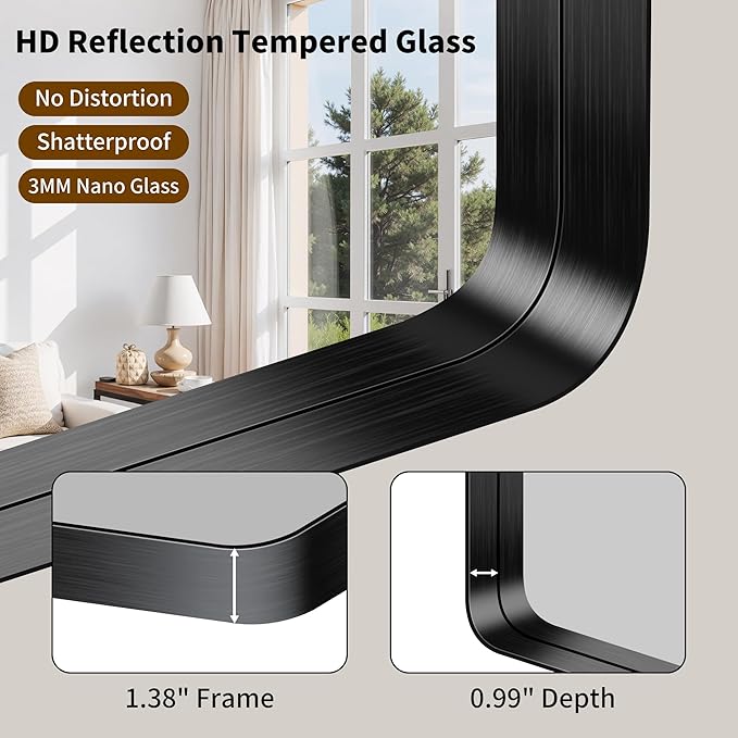 FORBATH 48x40 Inch Bathroom Mirror, Brushed Black Deep Frame Wall Mirror with Rounded Corners, Anti-Rust Tempered Glass for Modern Farmhouse Vanity (Horizontal/Vertical)