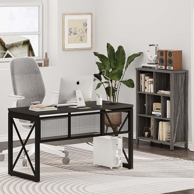 BON AUGURE Black Computer Desk, Modern Gaming Desk, Industrial Wood Office Desks, Sturdy Writing Desks for Home Office, Living Room, Study Workstation, Bedroom (Black, 54 Inch)
