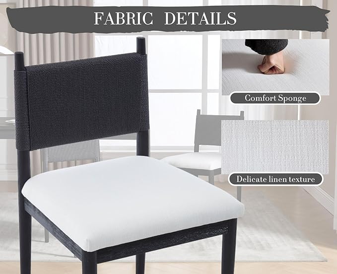 CIMOTA Black Dining Chairs Set of 2, Mid Century Modern Upholstered Dining Room Chairs with Woven Back, Armless Kitchen Chairs with Solid Wood Legs,Linen Beige