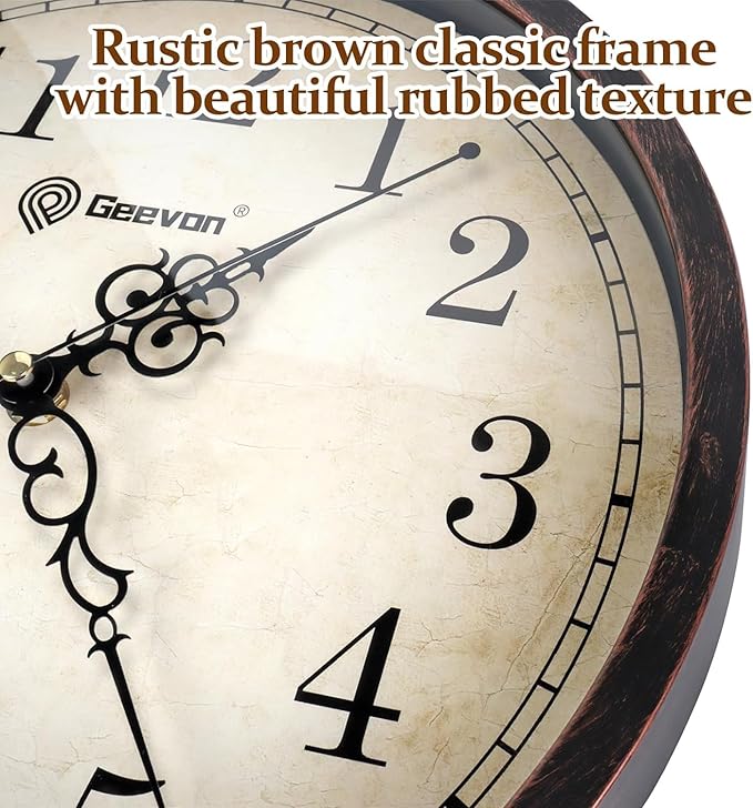 Geevon Retro Silent 12 Inch Wall Clock Non Ticking, Rustic Vintage Clock Quartz Decorative, Battery Operated Wall Clock for Kitchen/Office/Classroom/Bedroom/Living Room Decor