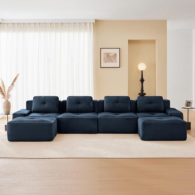 150" Modern Corduroy Cloud Sofa with Ottoman, U Shaped Boneless Modular Large Sectional Couches for Living Room, Blue 4 Seater Compressed Memory Foam Couch, Extra Deep Seat, No Assembly