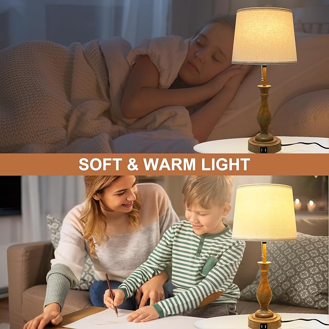 Farmhouse Table Lamp 3-Way Dimmable Table Lamp, Modern Nightstand Lamp with 2 USB Port Pull Chain Bedside Desk Lamp with Fabric Shade for Living Room Bedroom Hotel (Pack 1-Beige Shade & Pull Chain)