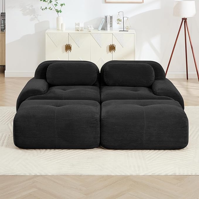 80" Modern Compressed Boneless Love Seat Couches with 2 Ottomans, 2 Seater Large Sectional Couches for Living Room, Black Corduroy Cloud Modular Sectional Sofa, Memory Foam, Deep Loveseat, No Assembly