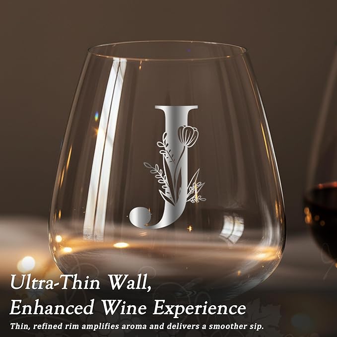Personalized Crystal Wine Glass for Women Christmas Xmas Birthday Ideas Gift New Step Bonus Mom Daughter Law Unique Who Have Everything Want Nothing Good Special Busy Useful Adult Alphabet Present,J