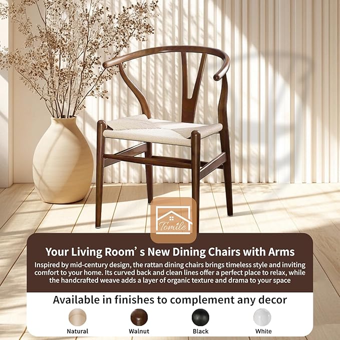 Tomile Wishbone Chair Y Chair, Wooden Dining Chairs Set of 4, Mid Century Modern Chairs with Arms, Solid Wood Weave Seat Kitchen & Dining Room Chairs (Ash Wood - Walnut Color)