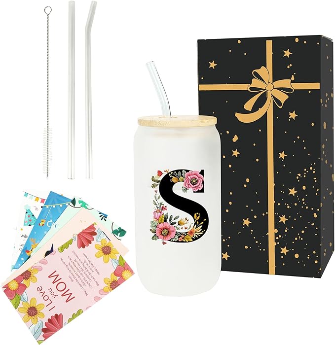 Monogrammed Glass Drinking Cup With Lid Straw Personalized Customized Post Cards Sympathy Bereavement Memorial Gift for Loved Friends Pet Dog Cat Going Away Condolence Remembrance Grieving,S