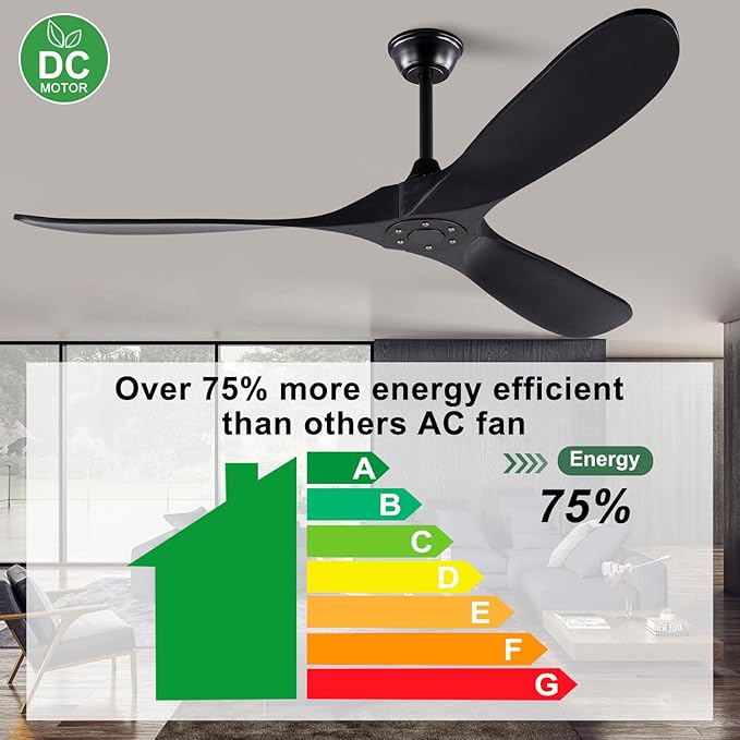 60 Inch Ceiling Fan without Light, Reversible DC Motor Wood Ceiling Fan with Remote Control, Black Modern Ceiling Fan no Light for Outdoor Indoor Living room Farmhouse Patios
