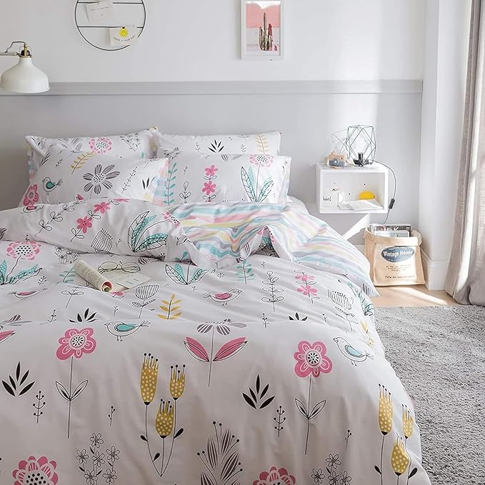 LifeTB Botanical Floral Duvet Cover Twin XL Girls Floral Print Bedding Sets Garden Style Aesthetic Duvet Cover 100% Cotton Flower Comforter Cover Kids Kawaii Bedding Cover Twin XL with 2 Pillowcases