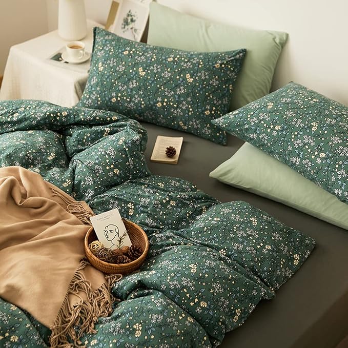 LifeTB Green Floral Duvet Cover Jersey Knit Cotton Duvet Cover King Size Vintage Flower Botanical Bedding Set Soft T Shirt Cotton Comforter Cover Chic Garden Style Bedding Cover with 2 Pillowcases