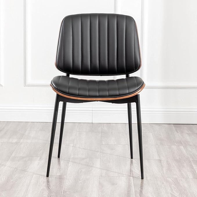 LUNLING Dining Chairs Set of 2 Mid Century Modern Retro Faux Leather Chair with Walnut Bentwood Upholstered Seat Metal Legs Chairs,Adjustable Foot for Kitchen Dining Room Chairs(Black)
