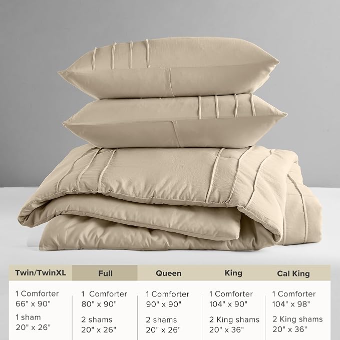 Comfort Spaces Khaki Full Size Comforter Set - 3 Pieces Pintuck Pleated Bedding Sets, All Season Lightweight, Extra Softness Pre-Washed Microfiber Full Bed Set, Shams, Full