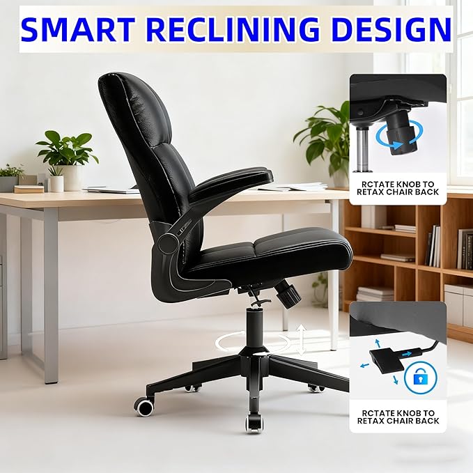 Computer Chair,Ergonomic Home Office Desk Chair with Space Saving Flip-Up Arms, 360° Swivel & Reclining Back, High-Back Executive Chair in Soft Faux Leather Chair Multi-Angle from 90° to 135°（Gray）