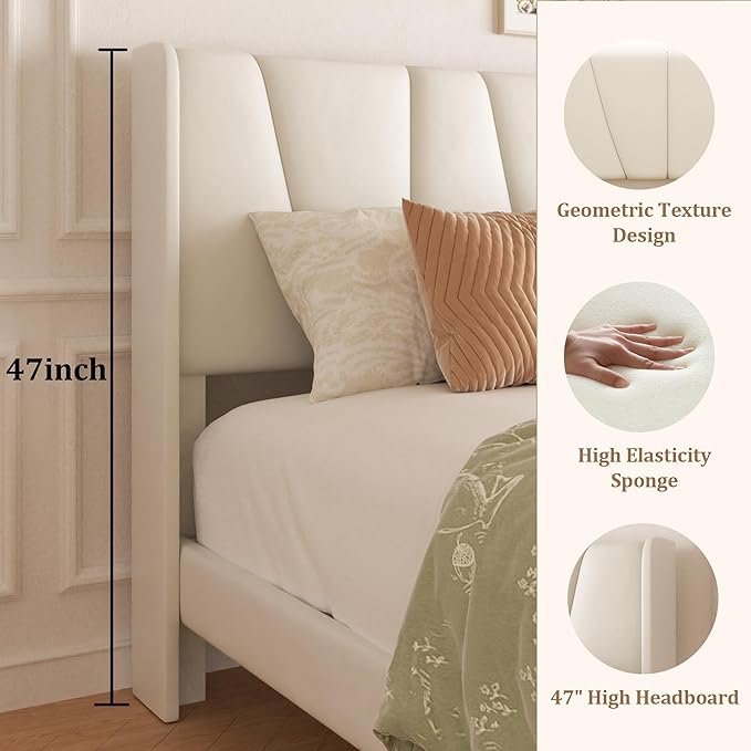 King Bed Frame with Storage Drawers, Upholstered King Size Platform Bed with 47" Tall Headboard and Wingboard, No Box Spring Needed, NO Noise, Easy Assembly, Wooden Support Slats, Beige