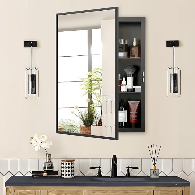 Recessed Medicine Cabinet with Mirror 20x26 inch, Mirrored Medicine Cabinets for Bathroom, Black Bathroom Mirror with Storage, Metal Medicine Cabinet with Mirror, 2 Adjustable Metal Shelves