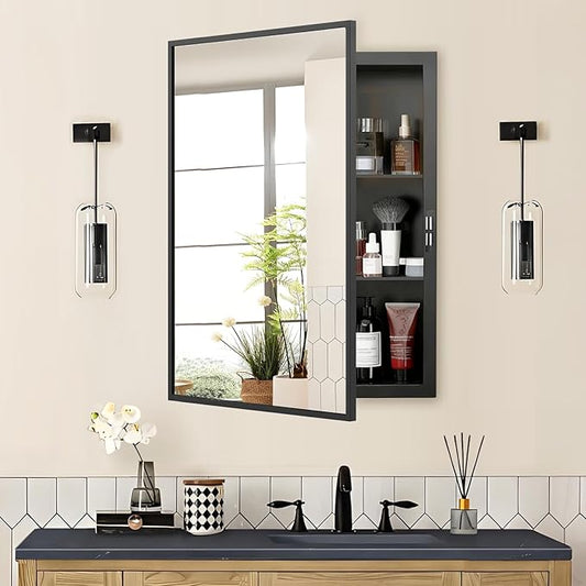 Recessed Medicine Cabinet with Mirror 20x26 inch, Mirrored Medicine Cabinets for Bathroom, Black Bathroom Mirror with Storage, Metal Medicine Cabinet with Mirror, 2 Adjustable Metal Shelves
