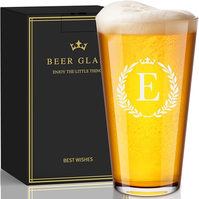 Personalized Beer Glasses Gifts for Men, 16 oz Pint Glasses Monogrammed A-Z Drinking Glass Cups Customized Gift, Unique Christmas Anniversary Birthday Gifts for Men Him Dad Brother Husband Grandpa (E)