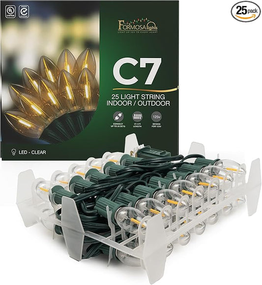 C7 26ft Indoor/Outdoor Clear LED Christmas String Lights with 25 Bulbs and E12 Base | 120V, 0.6W