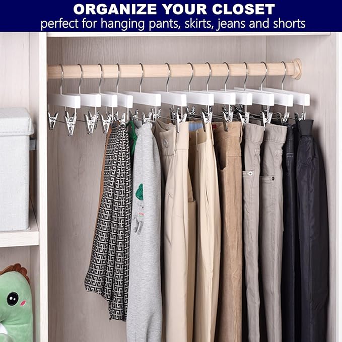 Amber Home 10 Pack White Wooden Pants Hangers with 2-Adjustable Clips for Jeans, Slacks, Shorts