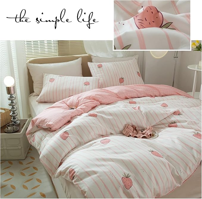 Pink Strawberry Duvet Cover Set Twin Kids Girls Kawaii Bedding Set 100% Cotton Fruit Strawberry Comforter Cover for Teens Children Boys Lovely Cartoon Kids Kawaii Bedroom Collection with 2 Pillowcases