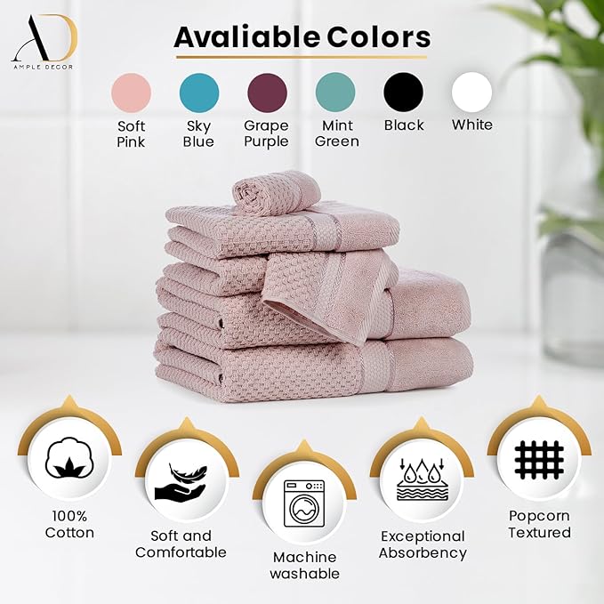Ample Decor 100% Cotton Soft Pink Washcloths Set of 10- Super Soft, Quick-Dry, Highly Absorbent, Popcorn Textured - Mulaayam Collection - 12 X 12 Inch