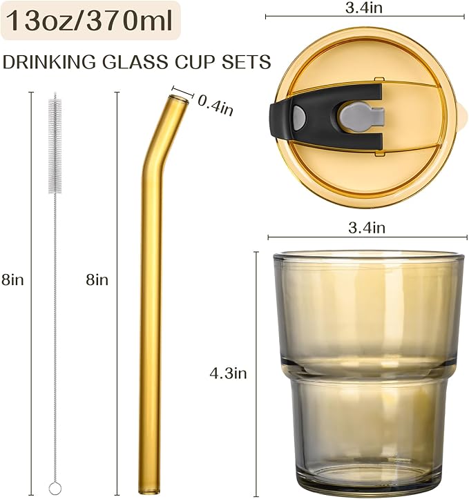 13oz Glass Cups with Straw and Lid,Tumbler Water Glass,2 Pack Reusable Iced Coffee Tumbler with Lids,Glass to go Coffee Cup for Drinking Matcha, Water, and Juice.(Amber