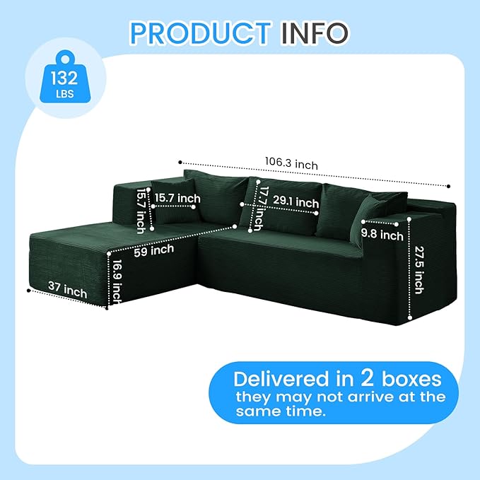 PUREMIND 106" Cloud Sectional Couch for Living Room, Corduroy L Shape Sofa with Deep Seat, Modern Green Couches Modular Boneless Foam Couch Corner Couches, No Assembly Required