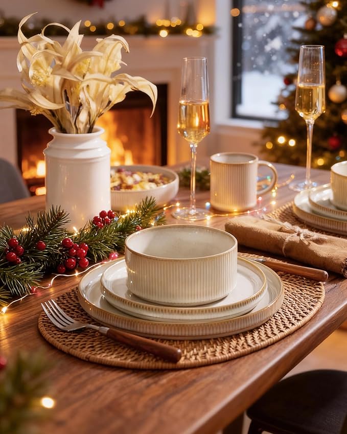 Famiware Star Dinnerware Set with Pasta Bowls, Service for 4 (16pcs), Ribbed Stoneware Plates and Double Bowls Dishes Sets - Chip & Scratch Resistant, Microwave & Dishwasher Safe, Cappuccino White