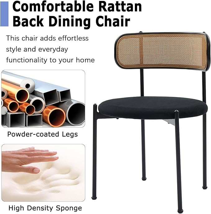 Rattan Dining Chairs Set of 6, Mid Century Modern Dining Chairs with Cane Back and Boucle Upholstered Seat, Farmhouse Kitchen Chairs for Dining Room and Living Room, Black