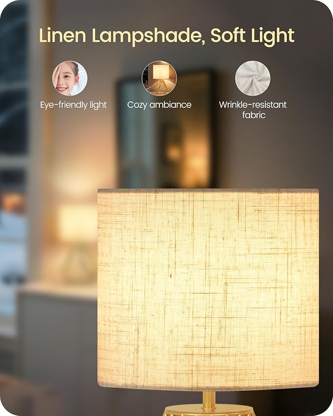 Gold Bedside Table Lamp, 12.6'' Small Table Lamp with Beige Linen Lampshade & Gold Teardrop Cage, Modern Little Cute Desk Lamp for Bedroom, Living Room, 2700K LED Bulb Included DE06TL05