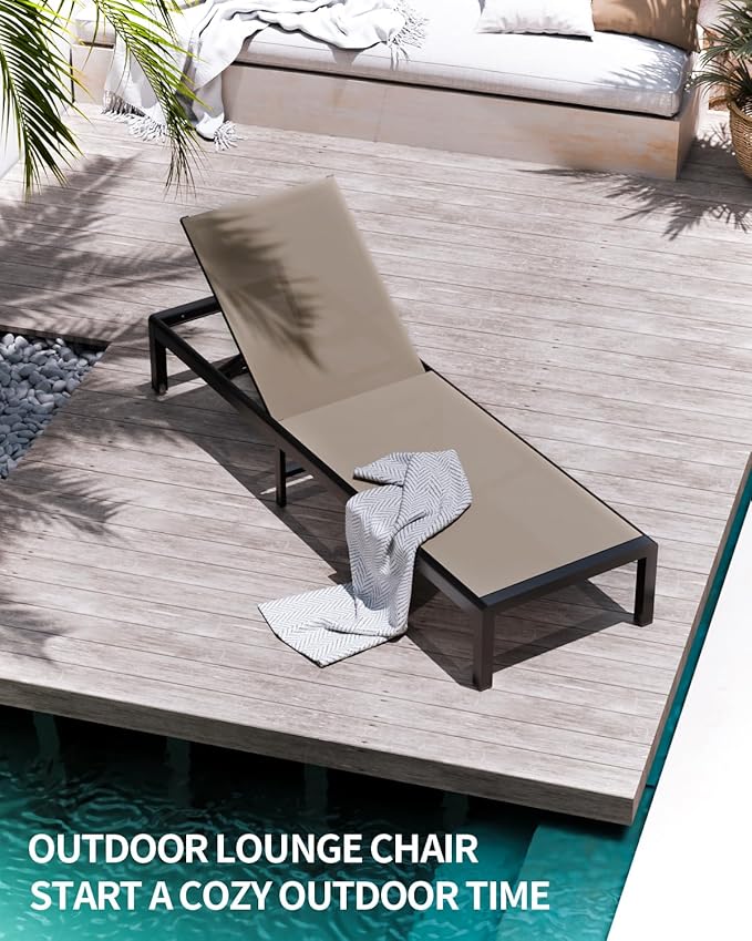Aluminum Lounge Chairs Outdoor Chaise Furniture,2 Sets Patio Metal Deck Lounger Adjustable 5-Position Poolside Chase Recliner with Wheels for Beach,Coffee Table, (Khaki, 1 Chair)