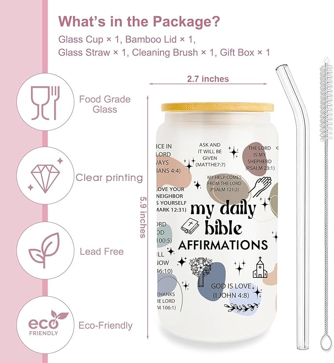 Christian Gifts for Women Birthday, Inspirational Religious Gifts, 16 Oz Can Glass Cups With Lid Straw for Friends with Bible Verse, Religious Gifts, Spiritual Gifts for Her Female Coworker