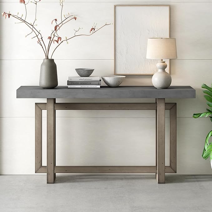 Knocbel Contemporary Console Table with Industrial-Inspired Concrete Wood Top, Minimalist Rectangular Entryway Table for Hallway Living Room Foyer Corridor, 59.1" W x 15.7" D x 31.7" H Gray