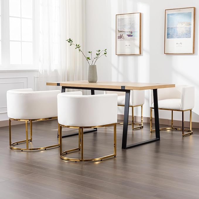 Bestan Velvet Dining Chair Set of 2 Modern Barrel Arm Chairs with Golden Frame, Upholstered Kitchen Accent Chairs 18.5" Wide for Living Room Dining Room Restaurant, Beige