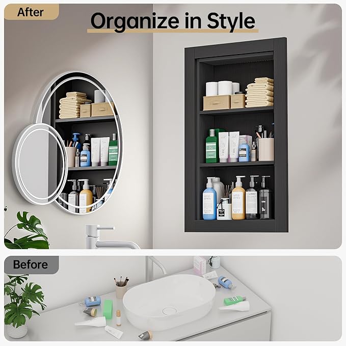 Recessed Medicine Cabinet,14x24 Recessed Wall Niche Medicine Cabinet Replacement, Water-Proof Wood Wall Niche for Bathroom/Hallway, Black