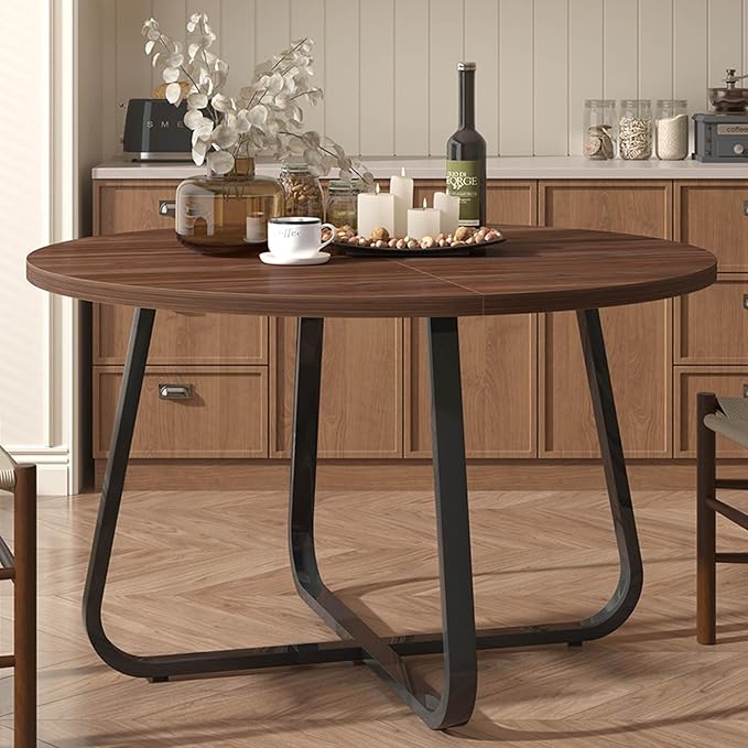 LVB Round Dining Table, Modern Wood Metal Kitchen Tables, Industrial Small Dinner Room Table for 4 to 6 People, Circle Coffee Dining Room Tables for Home Kitchen Living Room, Walnut, 51 Inch